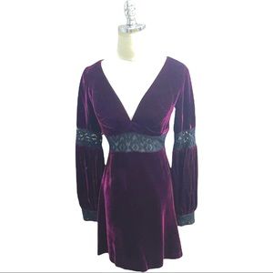 Velvet and lace A-line dress with deep V neckline